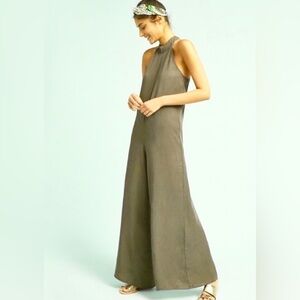 Cloth & Stone Marfa Jumpsuit Womens L Green Tencel Halter Wide Leg Pockets USA